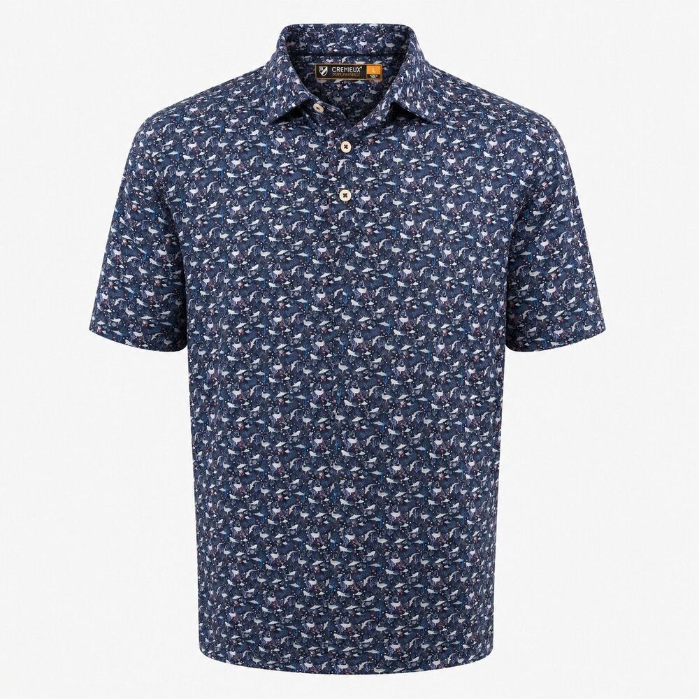 Cremieux Performance Polo Shirt Men's L Blue All Over Shark Print
